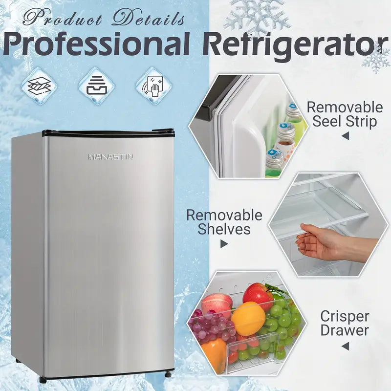 UrbanSync 3.3 cu. ft. Single Door Compact Refrigerator with Freezer, for Office, Bedroom, Apartment, Silver