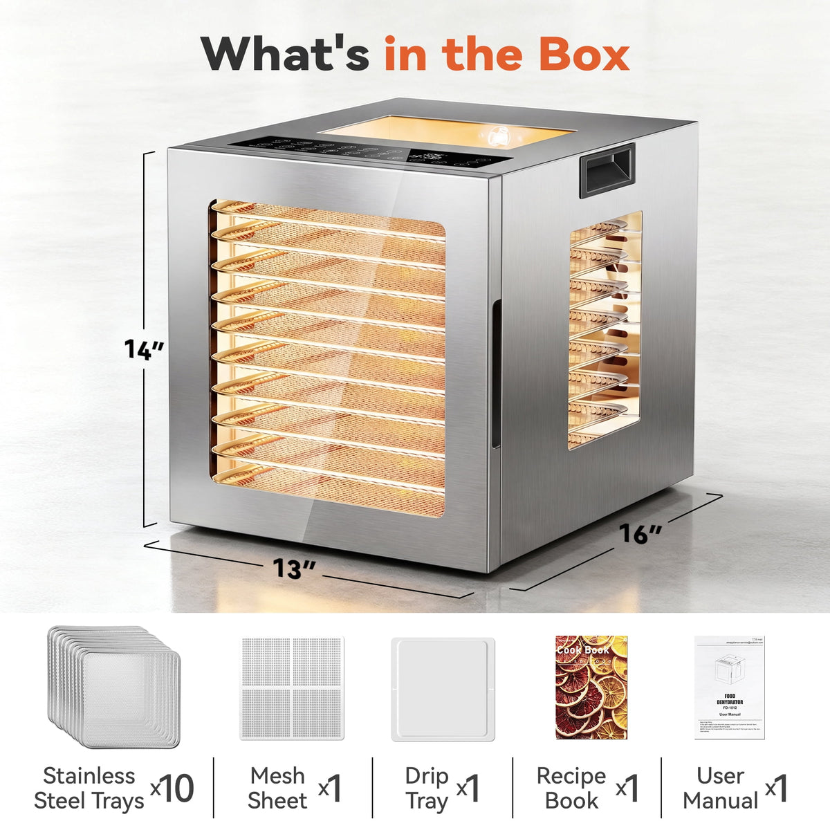 UrbanSync 850W Food Dehydrator Machine, 10 Stainless Steel Trays, 10 Presets, 95-167°F Temperature Control, 48-Hour Timer, Overheating Protection, LED Light, Ideal for Food, Meat, Fruit, Vegetables