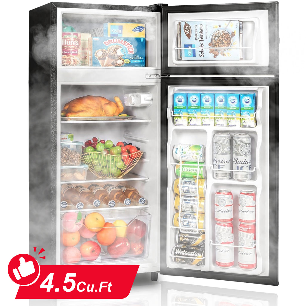 UrbanSync 4.5 Cu.Ft Mini Fridge with Freezer, 2 Doors, 7 Temperature Settings, Featuring Adjustable Castors and Shelves, Suitable for Kitchens,Offices and Bedrooms (Black)