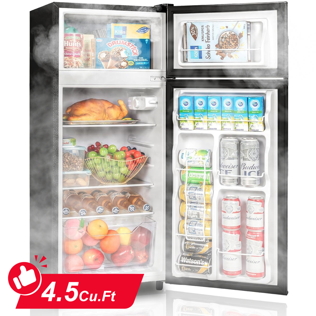 UrbanSync 4.5 Cu.Ft Mini Fridge with Freezer, 2 Doors, 7 Temperature Settings, Featuring Adjustable Castors and Shelves, Suitable for Kitchens,Offices and Bedrooms (Black)