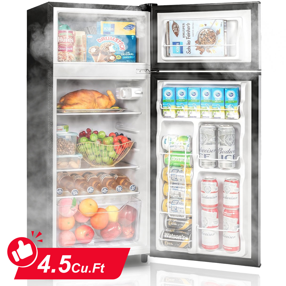UrbanSync 4.5 Cu.Ft Mini Fridge with Freezer, 2 Doors, 7 Temperature Settings, Featuring Adjustable Castors and Shelves, Suitable for Kitchens,Offices and Bedrooms (Silver)