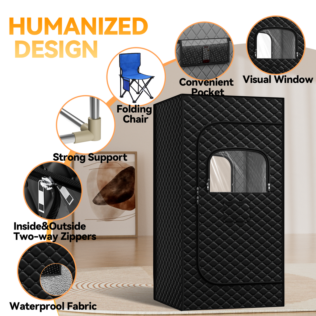 UrbanSync Portable Sauna Box Designed for Home Use, Sauna with 5 Min Fast Heating &15 Levels Heat,3L 1000W Steamer and Remote Control , Ideal for Private SPA Experience, 31" x 31" x 71"(Satin Cotton, Black)