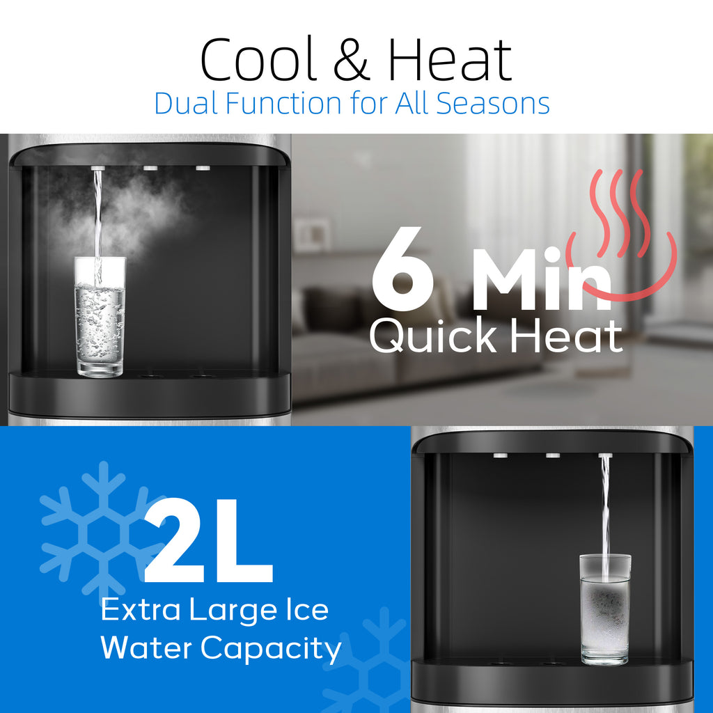 UrbanSync Bottom Load Water Cooler Dispenser for 5 Gallon Bottles, 3 Temperatures (Hot, Cold, and Room), Rapid cooling, LED Lighting, Empty Bottle Alert, Silver