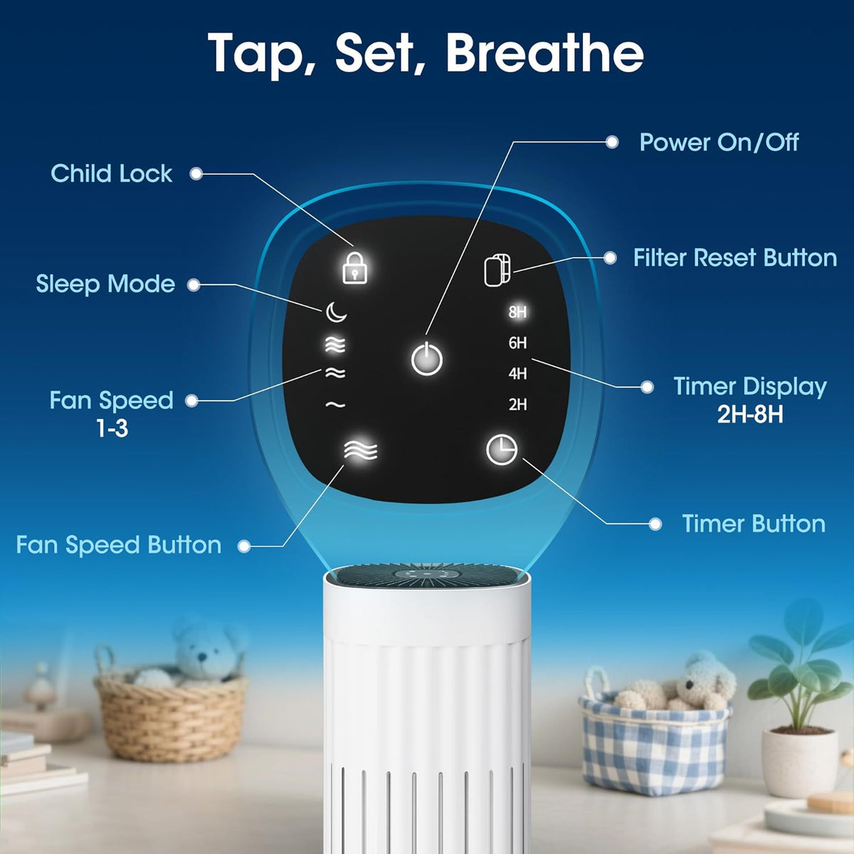 UrbanSync 3-in-1 HEPA Air Purifier - 99.97% Particle Removal, 3-Speed, 8H Timer for Home & Office