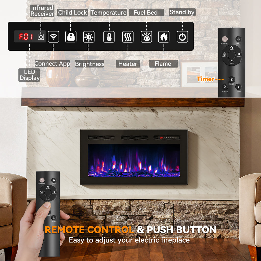 UrbanSync 36’’ 1500W Wall Mounted Recessed Electric Fireplace,12 Flame Color Modes,Touch Screen & Remote Control,Ultra Thin & Low Noise