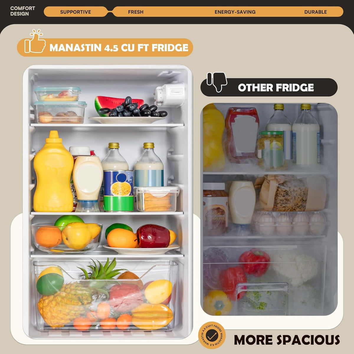UrbanSync 4.5 Cu.Ft Mini Fridge with Freezer, 2 Doors, 7 Temperature Settings, Featuring Adjustable Castors and Shelves, Suitable for Kitchens,Offices and Bedrooms (Black)