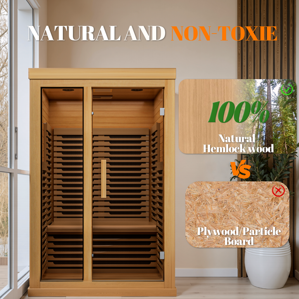 UrbanSync 2 Person Personal Sauna for Home Use, Full Spectrum Infrared Sauna, Low EMF, Dual Tempered Glass & Bluetooth Speakers - Indoor Sauna 2000W (Wood Tone)