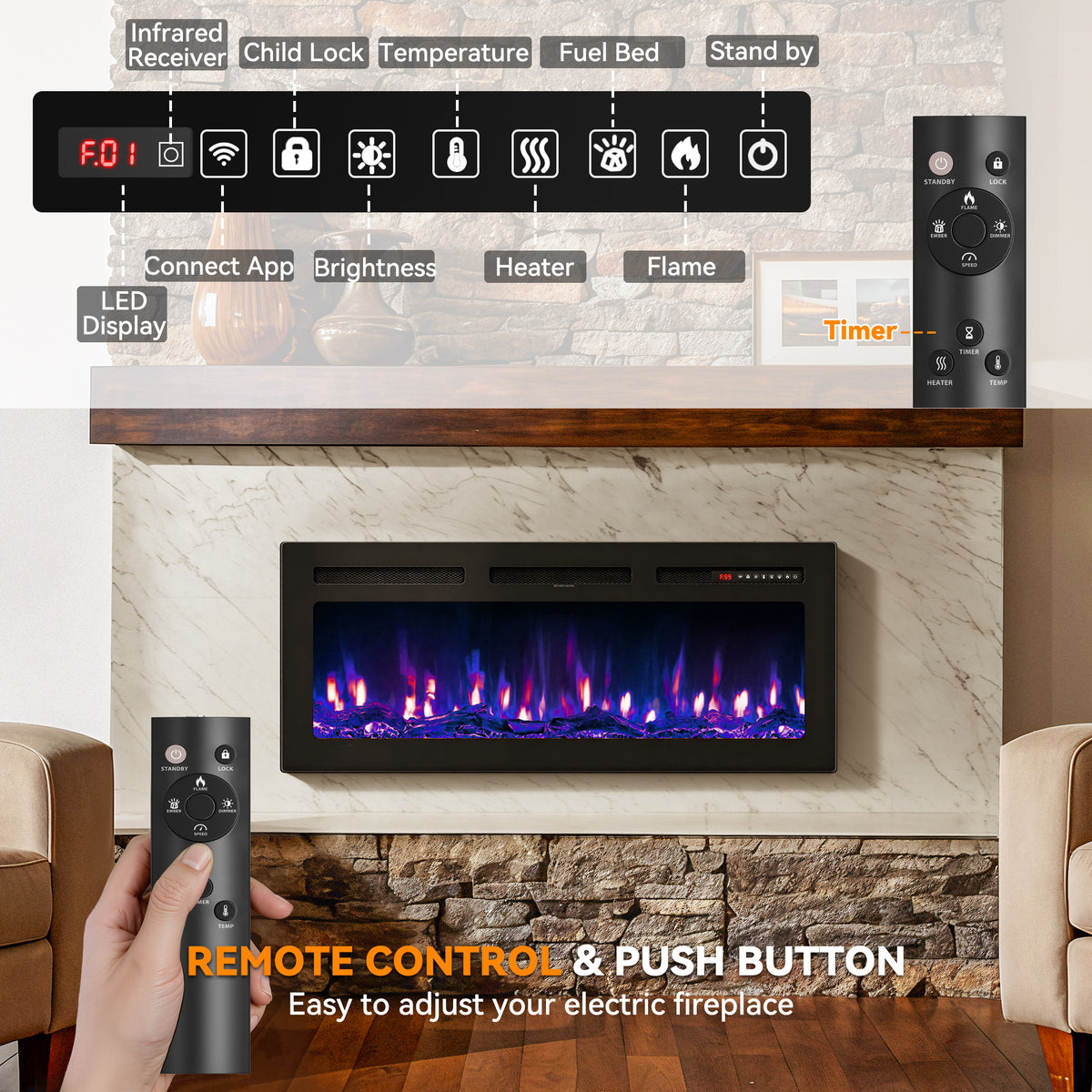 UrbanSync 42’’ 1500W Wall Mounted Recessed Electric Fireplace,12 Flame Color Modes,Touch Screen & Remote Control,Ultra Thin & Low Noise