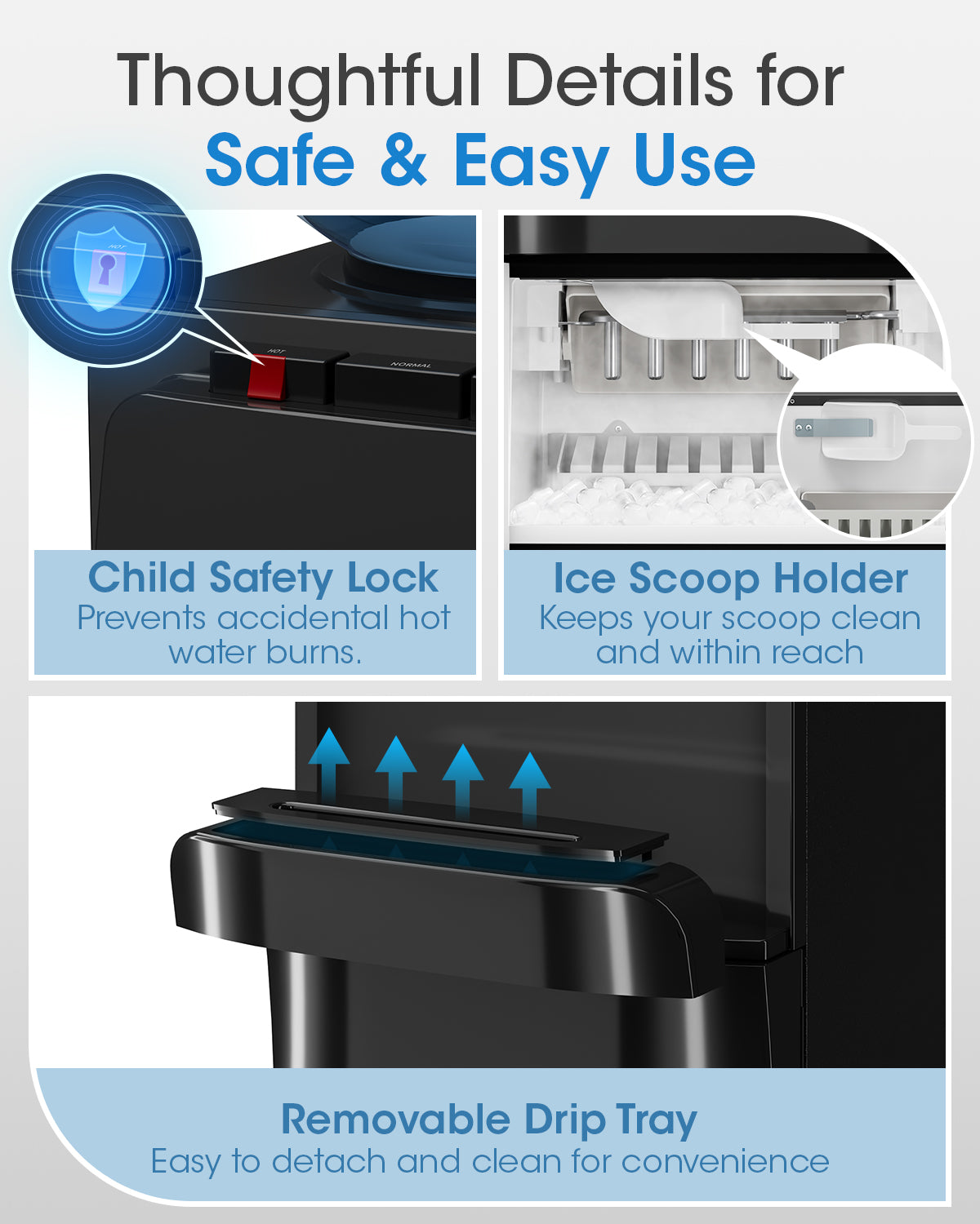 UrbanSync Top Loading Water Cooler Dispenser with Ice Maker, for 3 or 5 Gallon Bottle, Ice/Hot/Room/Cold, with Child Lock & Energy-efficient, Black