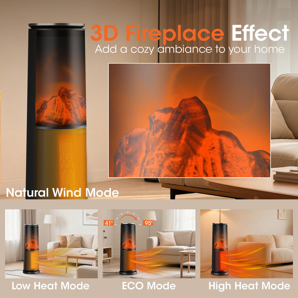UrbanSync 1500W 25" Tower Electric Space Heaters with 3D Flame Effect-Fast, Energy Saving and Mute, Remote Control, Child Lock & Safety Protection, for Indoor Use