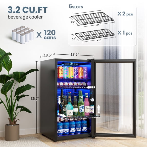 Patiosunny126 Can Beverage Refrigerator and Cooler with Glass Door for Home, 18.5 x 17.5 x 36.7 inches, Stainless Steel