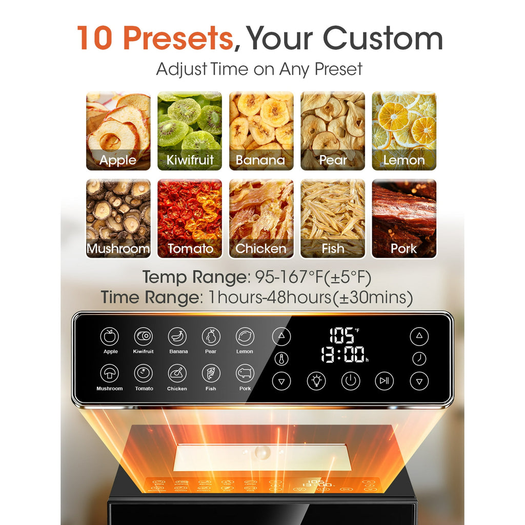 UrbanSync 850W Food Dehydrator Machine, 10 Stainless Steel Trays, 10 Presets, 95-167°F Temperature Control, 48-Hour Timer, Overheating Protection, LED Light, Ideal for Food, Meat, Fruit, Vegetables