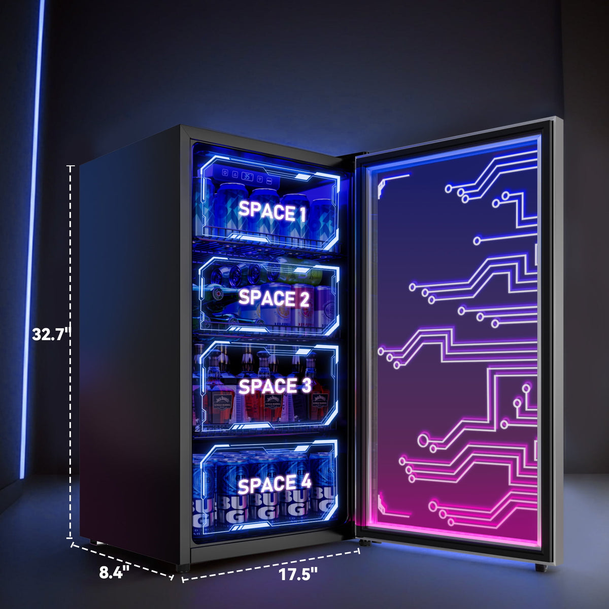 UrbanSync Light Up Beverage Refrigertor, Led Lighting Door 120 Cans Freestanding Beverage Fridge, Cyberpunk Beverage Cooler for Gaming, Gaming Room, Bar, Party