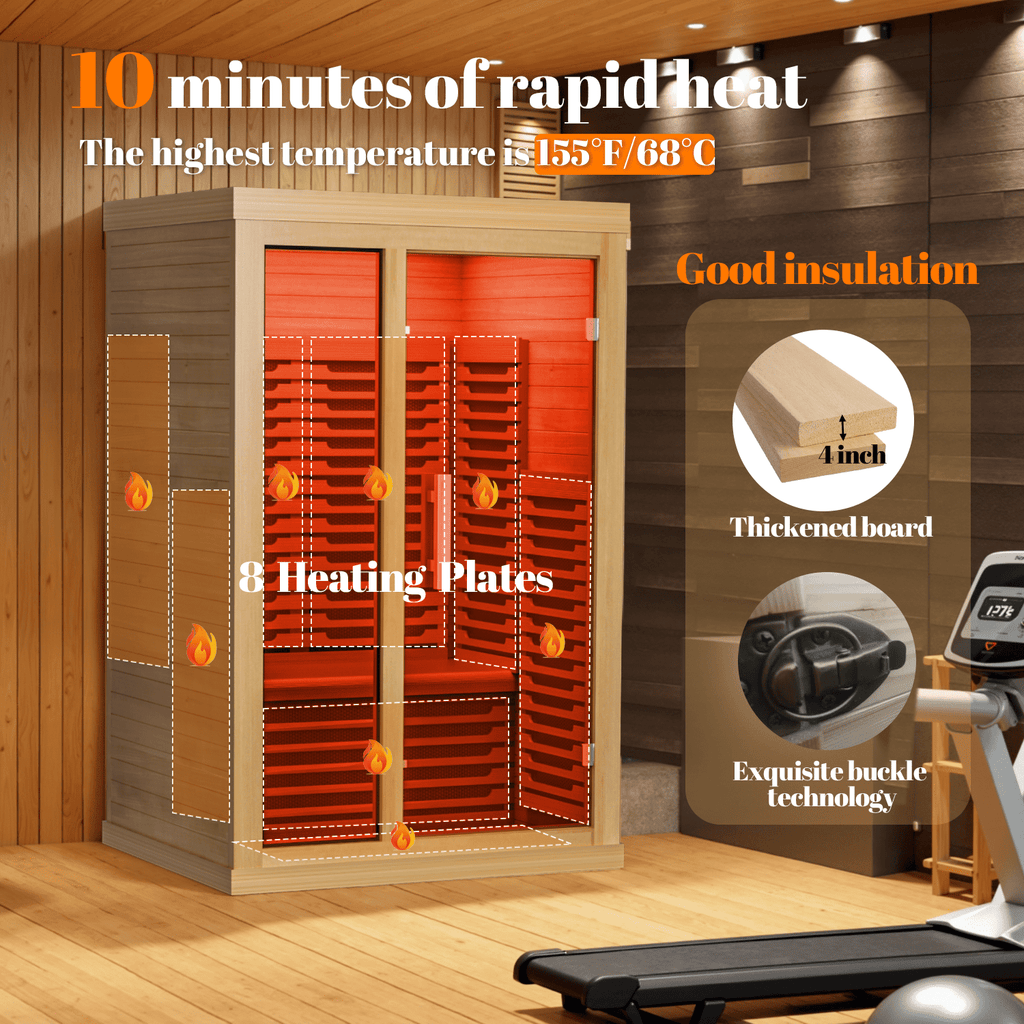 UrbanSync 1 or 2 Person Home-Use Far-Infrared Wooden Sauna Room, with 2000W Steamert, Full-Spectrum Infrared Sauna, Double-Layer Tempered Glass&Bluetooth Speaker, Burlywood
