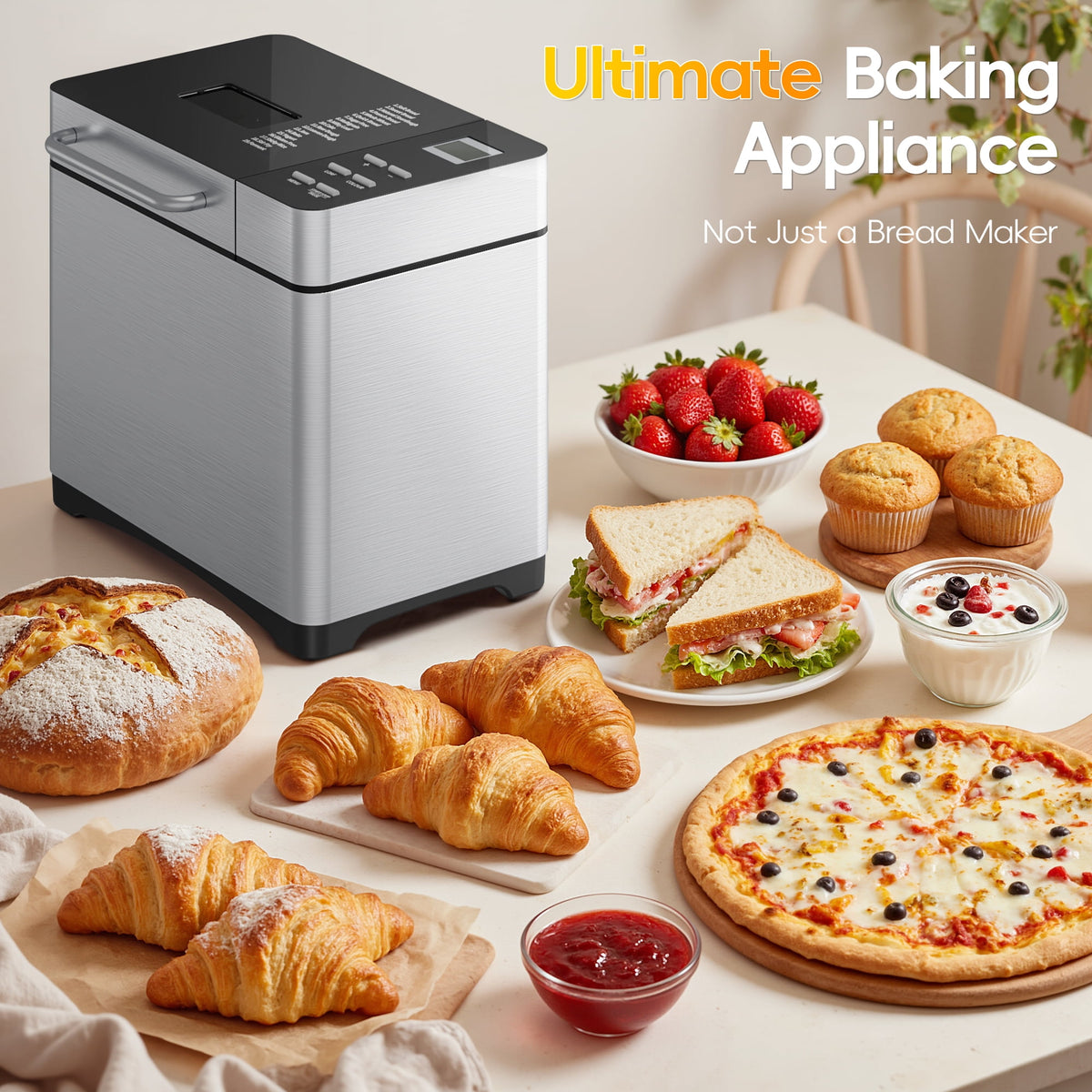 UrbanSync 19-in-1 & 2LB Stainless Steel Bread Maker Machine Fully Automatic LCD Display, Reservation Function with Recipes Recommended