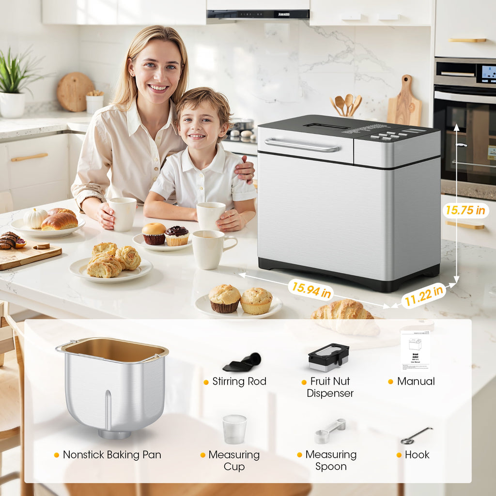 UrbanSync 19-in-1 & 2LB Stainless Steel Bread Maker Machine Fully Automatic LCD Display, Reservation Function with Recipes Recommended