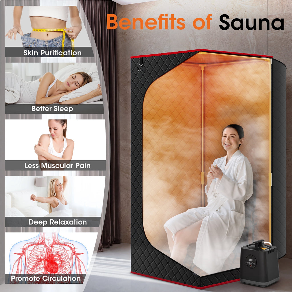 UrbanSync 1-Person Portable Steam Sauna Box with 3L/1200W Steamer, 99-Min Timer & 15 Power Levels, XL Foldable and Remote Control, Detox Spa for Relaxation, Black