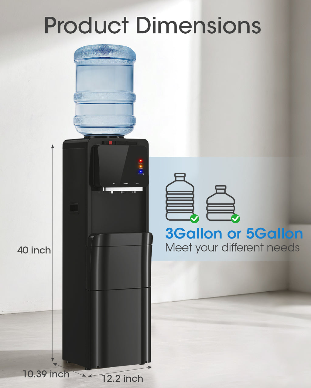UrbanSync Top Loading Water Cooler Dispenser with Ice Maker, for 3 or 5 Gallon Bottle, Ice/Hot/Room/Cold, with Child Lock & Energy-efficient, Black