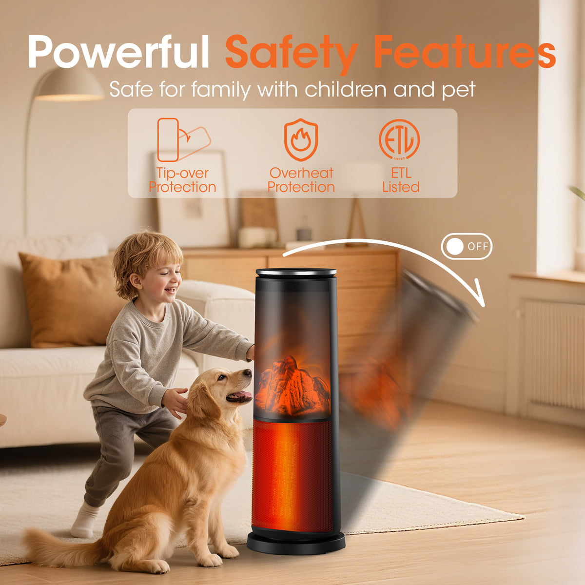 UrbanSync 1500W 25" Tower Electric Space Heaters with 3D Flame Effect-Fast, Energy Saving and Mute, Remote Control, Child Lock & Safety Protection, for Indoor Use