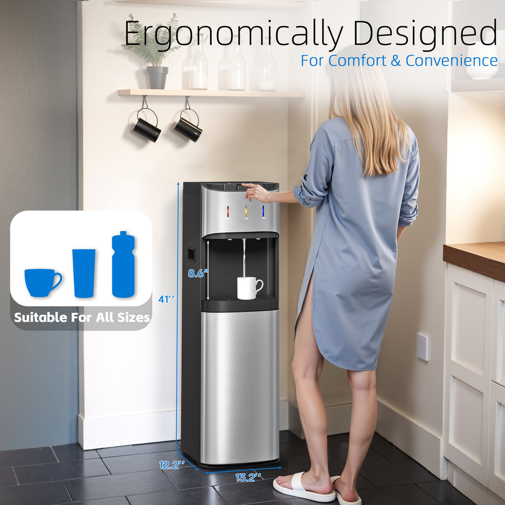 UrbanSync Bottom Load Water Cooler Dispenser for 5 Gallon Bottles, 3 Temperatures (Hot, Cold, and Room), Rapid cooling, LED Lighting, Empty Bottle Alert, Silver