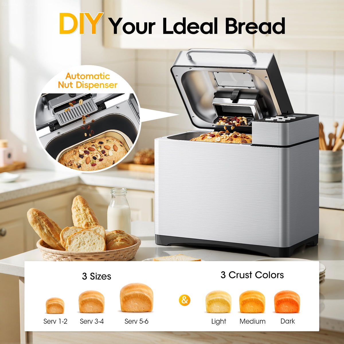 UrbanSync 19-in-1 & 2LB Stainless Steel Bread Maker Machine Fully Automatic LCD Display, Reservation Function with Recipes Recommended