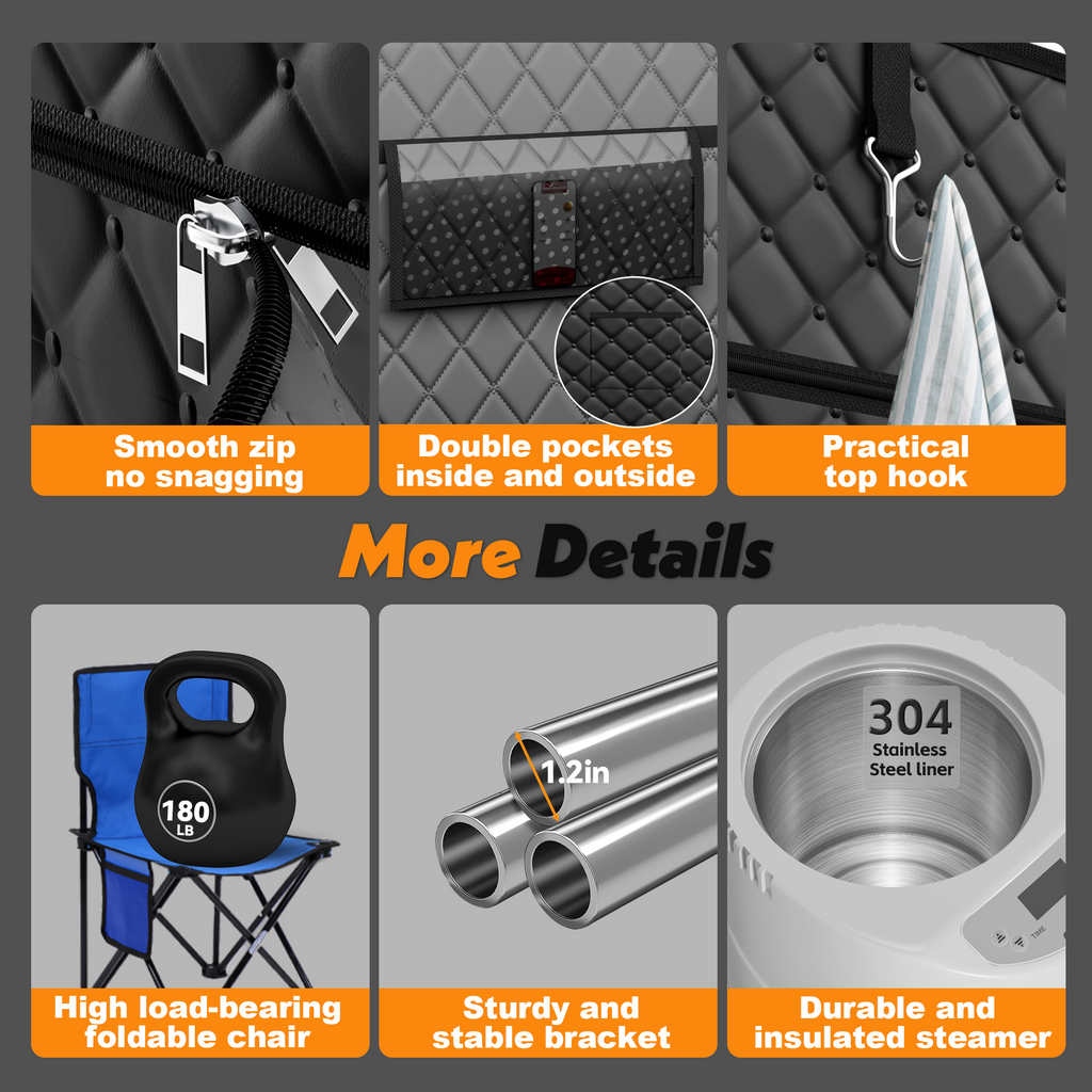 UrbanSync 2-Person Steam Heat Sauna Tent with 2 Steam Boxes, 2 Folding Chairs, Remote Control, 71"x 49"x36", Black