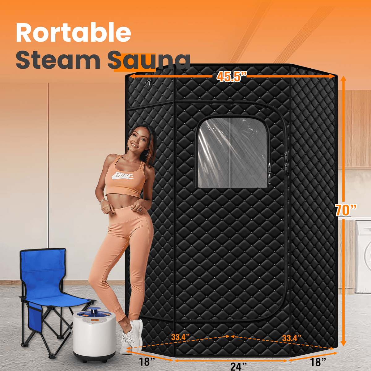 1-Person Pentagonal Steam Sauna Tent with 3L 1200W Steamer, 15-Level Temperature, 8-min Rapid Heating, 99Min-Timer, Remote Control, Folding Chair, 70" x 47" x 36", Black