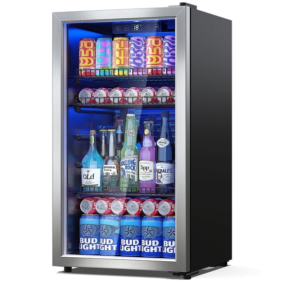 Patiosunny126 Can Beverage Refrigerator and Cooler with Glass Door for Home, 18.5 x 17.5 x 36.7 inches, Stainless Steel