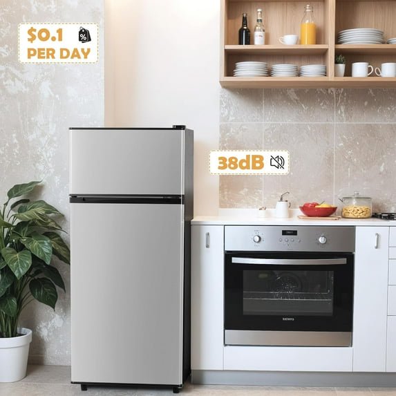UrbanSync 4.5 Cu.Ft Mini Fridge with Freezer, 7 Temperature Settings, Featuring Adjustable Castors and Shelves, Suitable for Offices and Bedrooms (Silver)