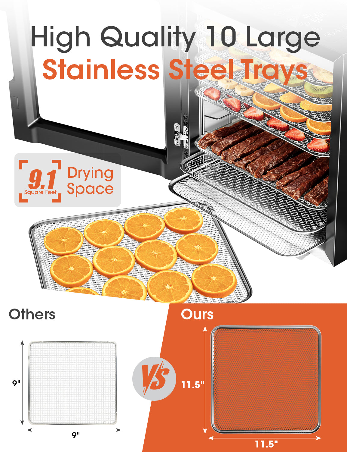 UrbanSync 850W Home Food Dehydrator Machine, 10 Stainless Steel Trays, 48-Hour Timer, LED Light, Ideal for Food, Meat, Fruit, and Vegetables