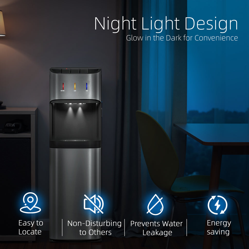 UrbanSync Bottom Load Water Cooler Dispenser for 5 Gallon Bottles, 3 Temperatures (Hot, Cold, and Room), Rapid cooling, LED Lighting, Empty Bottle Alert, Silver