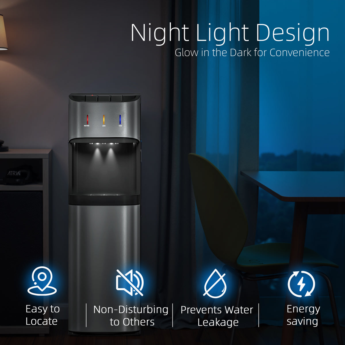UrbanSync Bottom Load Water Cooler Dispenser for 5 Gallon Bottles, 3 Temperatures (Hot, Cold, and Room), Rapid cooling, LED Lighting, Empty Bottle Alert, Silver