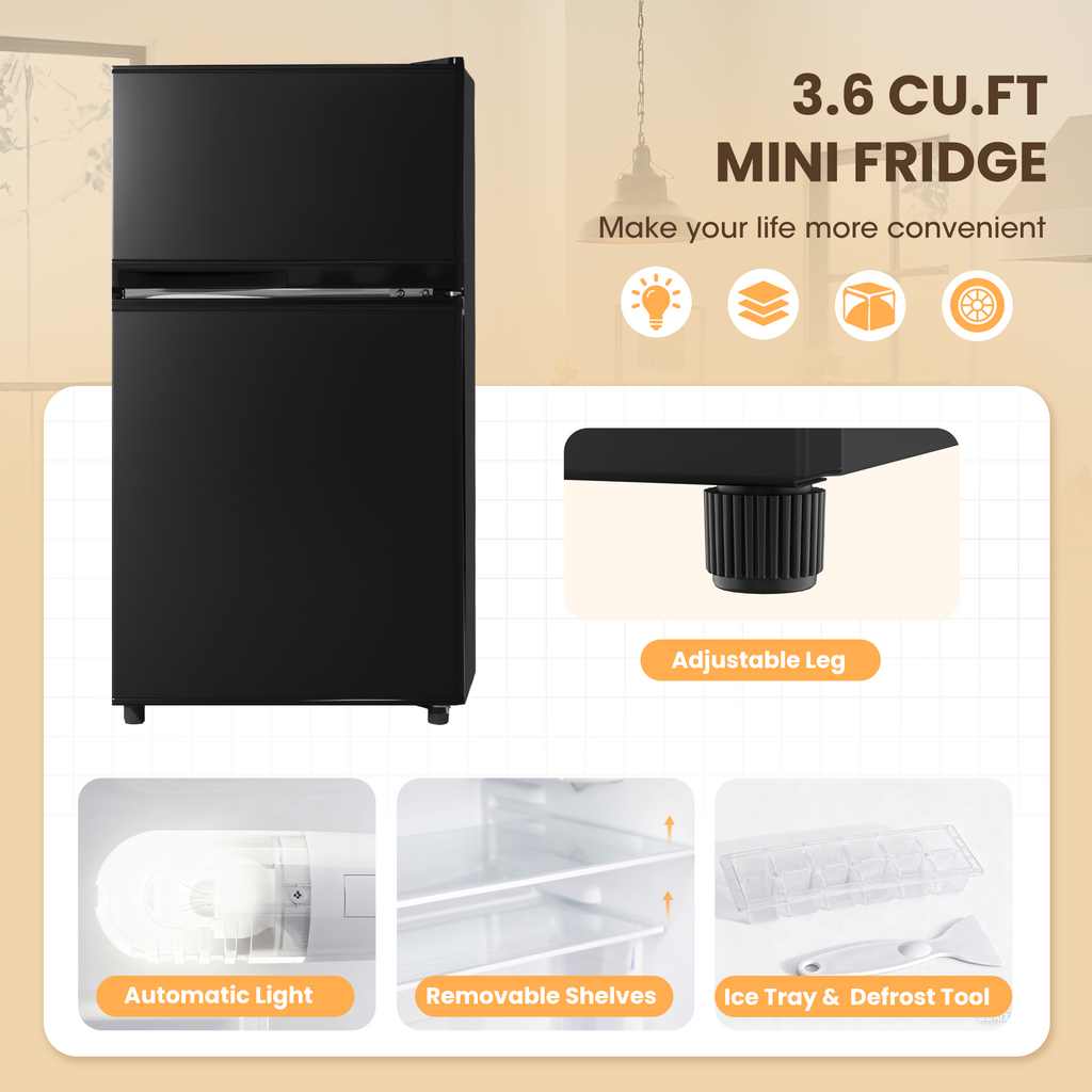 UrbanSync 3.6 Cu.Ft Mini Fridge with Freezer, 2 Doors, Small Refrigerator with Adjustable Shelves for Kitchen, Dorm, Office and Bedroom(Black)