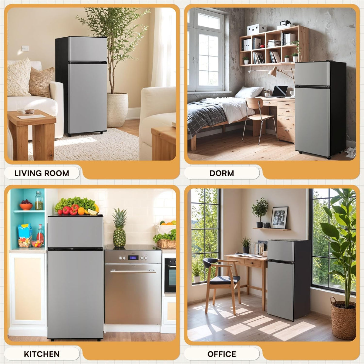 UrbanSync 4.5 Cu.Ft Mini Fridge with Freezer, 2 Doors, 7 Temperature Settings, Featuring Adjustable Castors and Shelves, Suitable for Kitchens,Offices and Bedrooms (Silver)