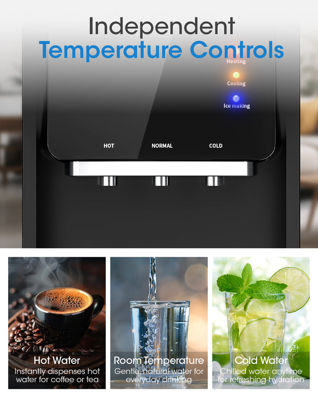UrbanSync Top Loading Water Cooler Dispenser with Ice Maker, for 3 or 5 Gallon Bottle, Ice/Hot/Room/Cold, with Child Lock & Energy-efficient, Black