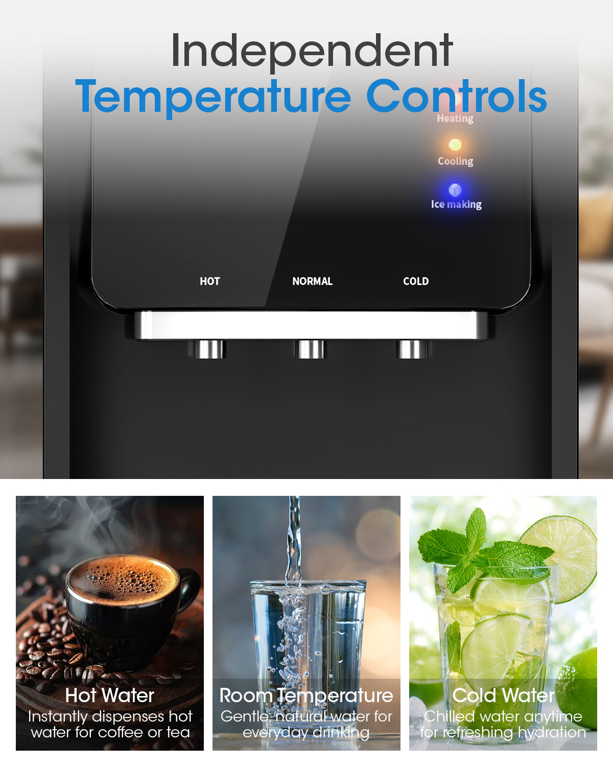 UrbanSync Top Loading Water Cooler Dispenser with Ice Maker, for 3 or 5 Gallon Bottle, Ice/Hot/Room/Cold, with Child Lock & Energy-efficient, Black