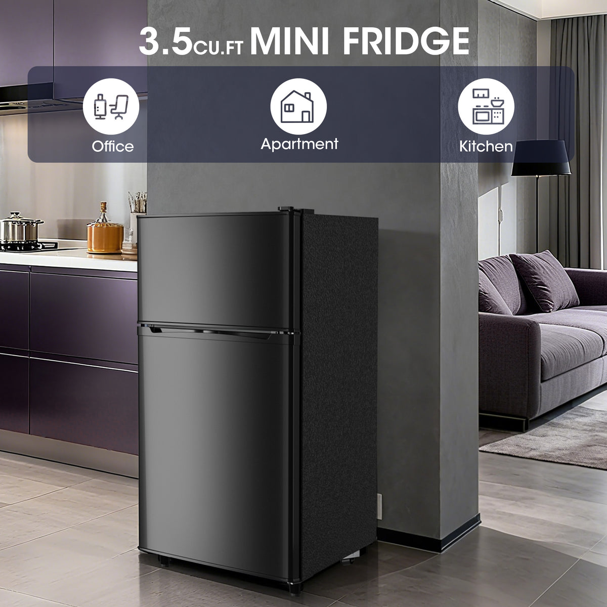 UrbanSync 3.5 Cu.ft Mini Fridge with Freezer, Adjustable Thermostat, Low Noise, Removable Glass Shelves, 2 Door Small Refrigerator for Kitchen, Office, Bedroom,Black