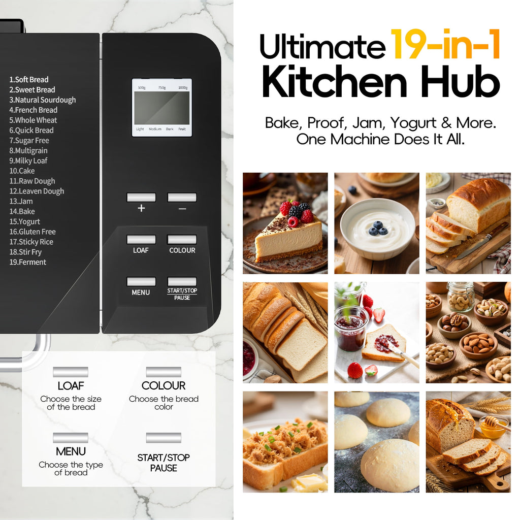 UrbanSync 19-in-1 & 2LB Stainless Steel Bread Maker Machine Fully Automatic LCD Display, Reservation Function with Recipes Recommended