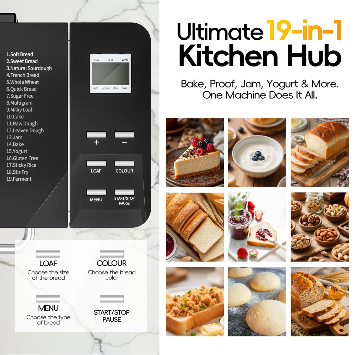 UrbanSync 19-in-1 & 2LB Stainless Steel Bread Maker Machine Fully Automatic LCD Display, Reservation Function with Recipes Recommended