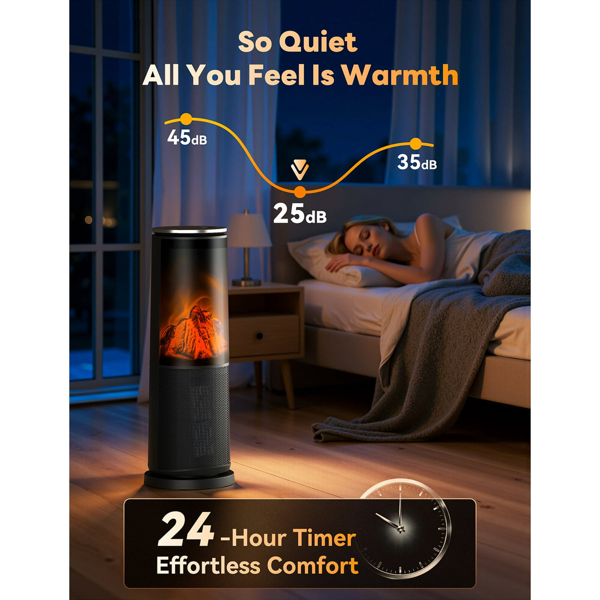 UrbanSync 25" Electric Tower Space Heater with 3D Flame, Tower Heater with Remote, Energy Saving and Mute, Child Lock & Safety Protection, Black