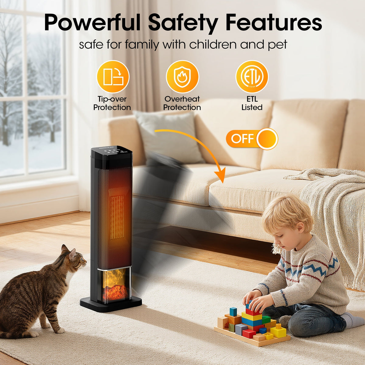 UrbanSync 25" 1500W Tower Space Heater with 4 Modes, 3D Flame, LED Display, Tower Heater with 70 °Oscillation, 24 Hour Timer and Child Lock, for Living Room, Office, Bathroom (Black)