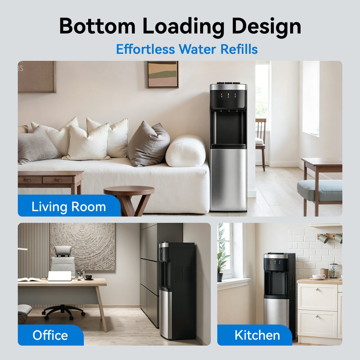 UrbanSync Bottom-Load Water Dispenser for Home, 3–5 Gallons, Hot, Cold & Room Temperature, Child Lock, Gray, New