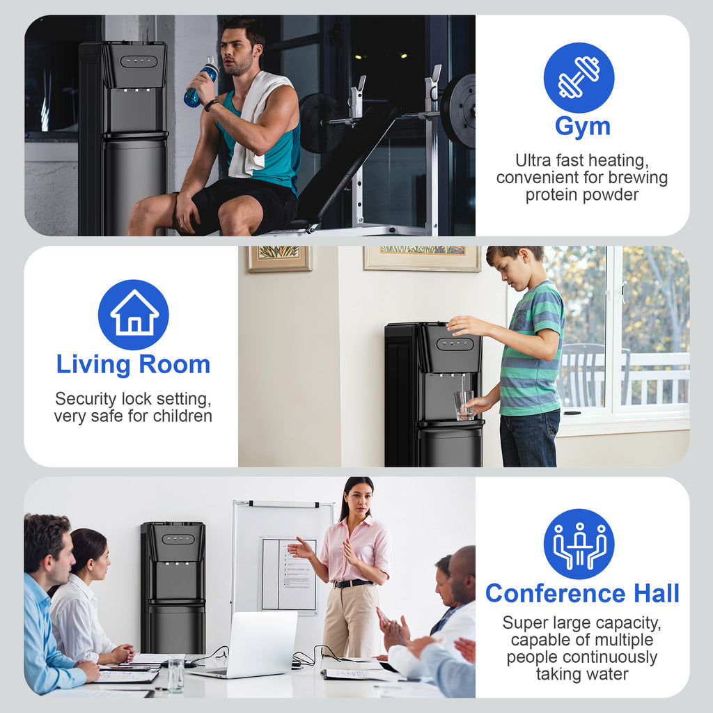 UrbanSync Bottom-Loading Water Dispenser w/ Hot, Room & Cold Water | Child Safety Lock, LED Display, Black
