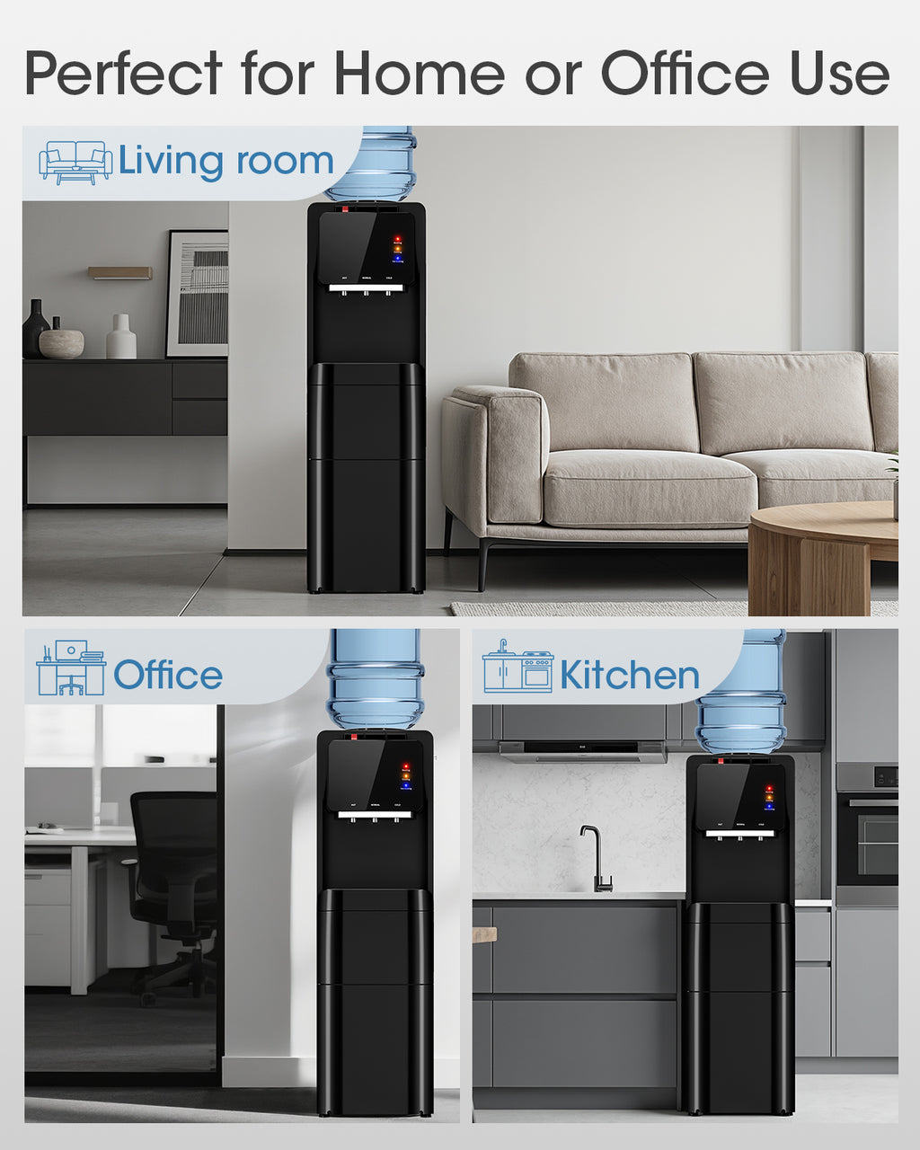 UrbanSync Top Loading Water Cooler Dispenser with Ice Maker, for 3 or 5 Gallon Bottle, Ice/Hot/Room/Cold, with Child Lock & Energy-efficient, Black