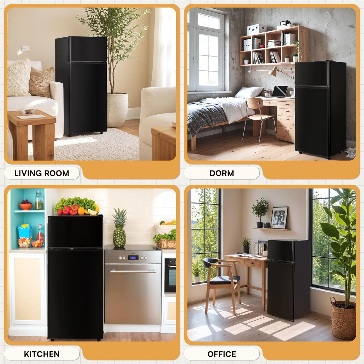 UrbanSync 4.5 Cu.Ft Mini Fridge with Freezer, 2 Doors, 7 Temperature Settings, Featuring Adjustable Castors and Shelves, Suitable for Kitchens,Offices and Bedrooms (Black)