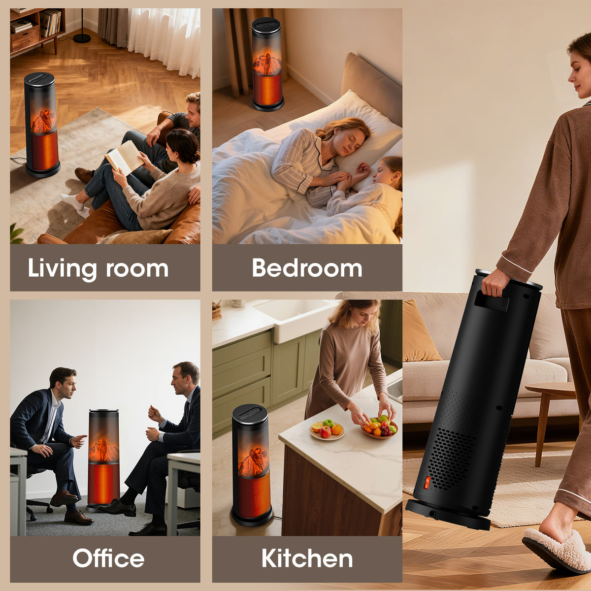 UrbanSync 1500W 25" Tower Electric Space Heaters with 3D Flame Effect-Fast, Energy Saving and Mute, Remote Control, Child Lock & Safety Protection, for Indoor Use