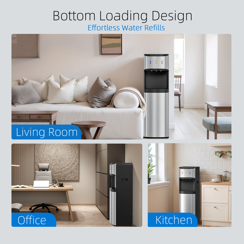 UrbanSync Bottom Load Water Cooler Dispenser for 5 Gallon Bottles, 3 Temperatures (Hot, Cold, and Room), Rapid cooling, LED Lighting, Empty Bottle Alert, Silver