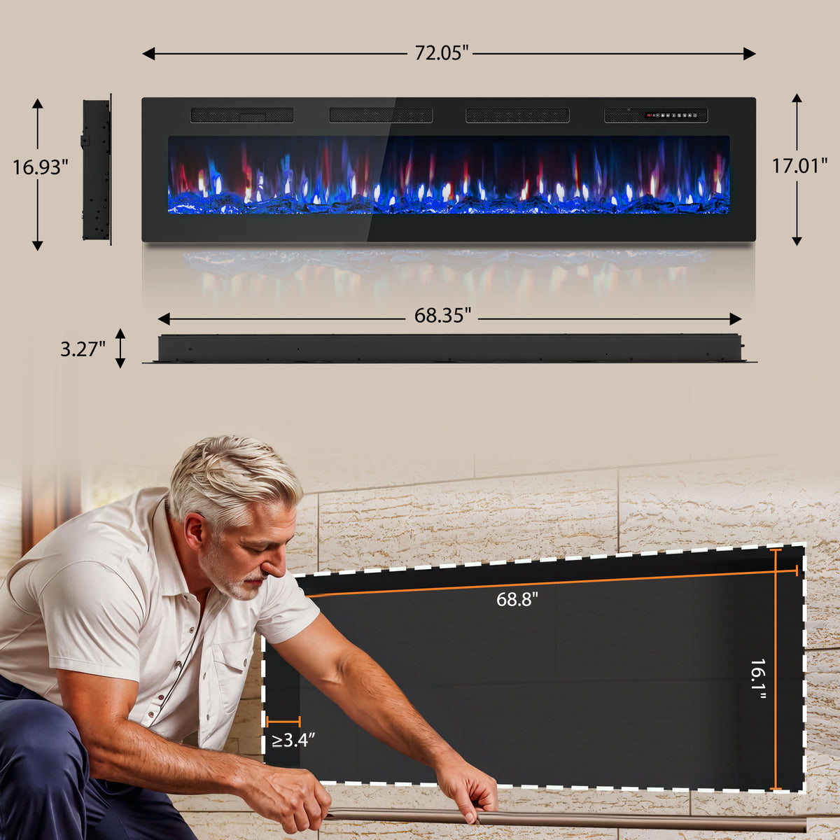 UrbanSync 72” Electric Fireplace Ultra Thin Fireplace Heater, Recessed Wall Mounted Fireplace with Multicolor Flame & Remote Control, New