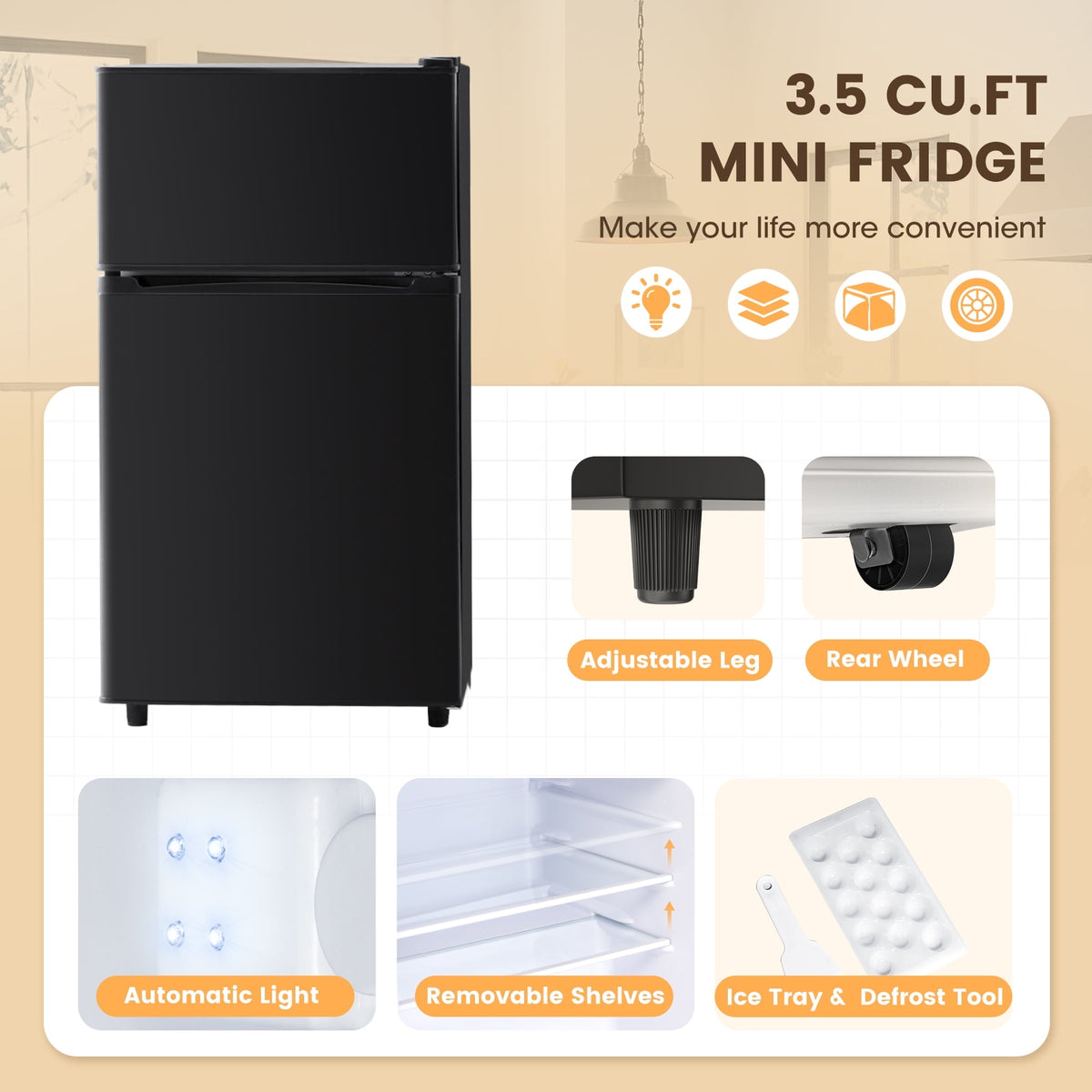 UrbanSync 3.5 Cu.Ft Mini Fridge with Freezer – Quiet, Energy-Efficient, and Space-Smart, Black