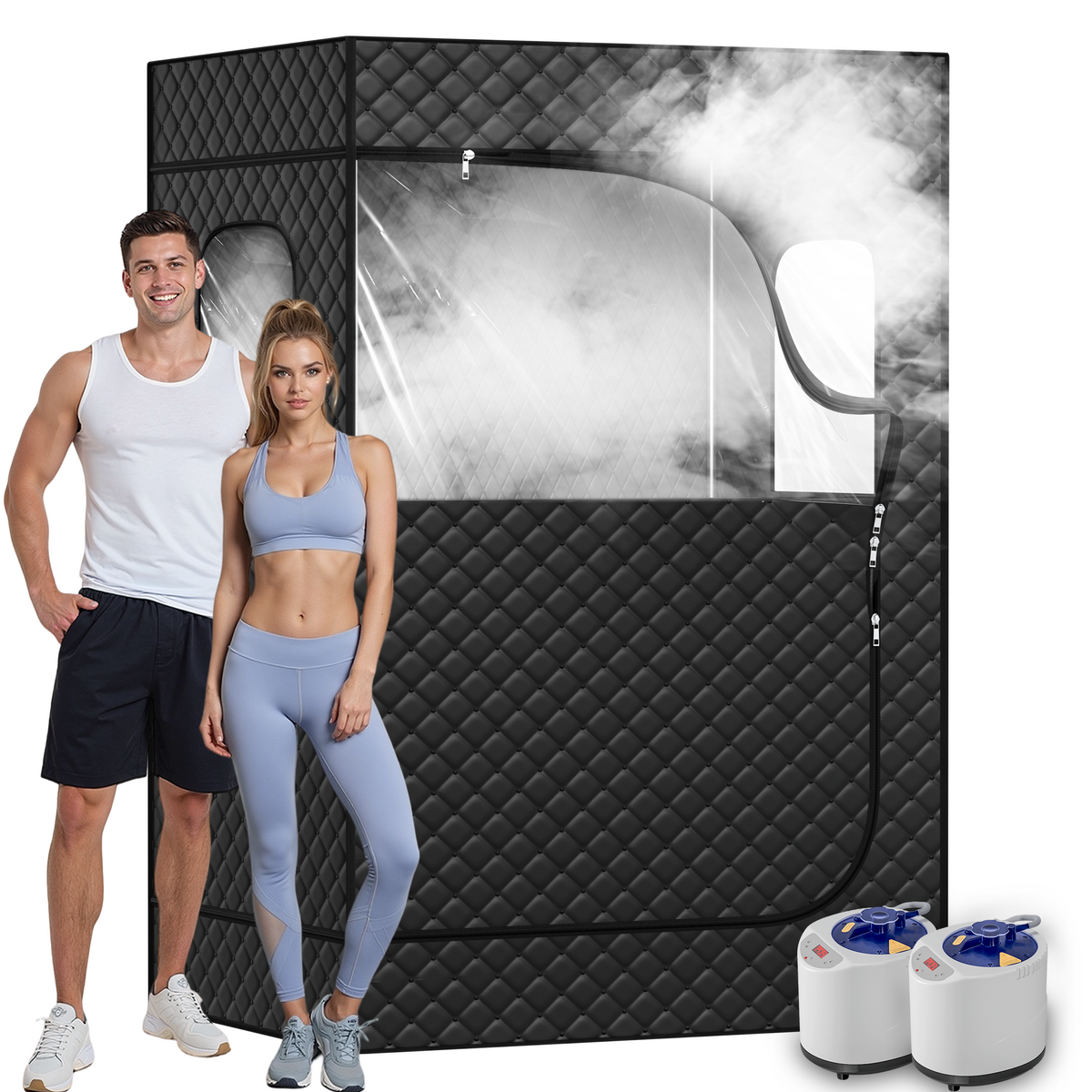 UrbanSync 2-Person Steam Heat Sauna Tent with 2 Steam Boxes, 2 Folding Chairs, Remote Control, 71"x 49"x36", Black